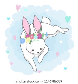 Cute white romantic bunny girl with flowers wreath and hearts. Vector children's animal for kids or babies shirt design, fashion print, Easter postcard