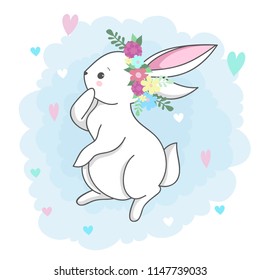 Cute white romantic bunny girl with flowers wreath and hearts. Vector children's animal for kids or babies shirt design, fashion print, Easter postcard