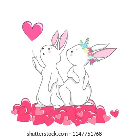 Cute white romantic bunny with heart. Vector children's animal for kids or babies shirt design, fashion print, Easter postcard