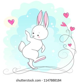 Cute white romantic bunny with heart. Vector children's animal for kids or babies shirt design, fashion print, Easter postcard
