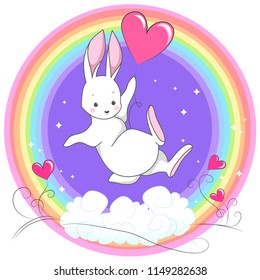 Cute white romantic bunny with heart and rainbow. Vector children's animal for kids or babies shirt design, fashion print, Easter postcard