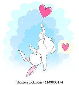 Cute white romantic bunny with heart. Vector children's animal for kids or babies shirt design, fashion print, Easter postcard