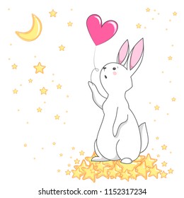 Cute white romantic bunny with heart, moon and stars. Vector children's animal for kids or babies shirt design, fashion print, Easter postcard