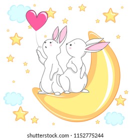 Cute white romantic bunny with heart, moon and star. Vector children's animal for kids or babies shirt design, fashion print, Easter postcard