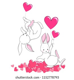 Cute white romantic bunny with heart. Vector children's animal for kids or babies shirt design, fashion print, Easter postcard