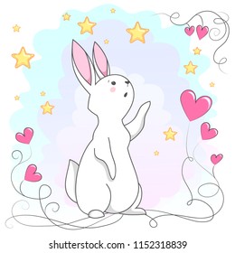 Cute white romantic bunny with hearts and stars. Vector children's animal for kids or babies shirt design, fashion print, Easter postcard