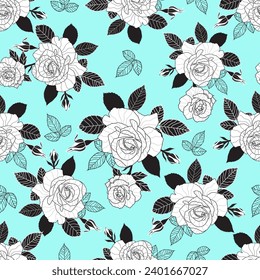 Cute white roses vector seamless pattern.Beautiful black leaves and line art leaves. Stylish fine fabric on a Light cyan background Surface pattern.