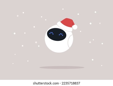 A cute white round robot wearing a Santa hat, winter holidays