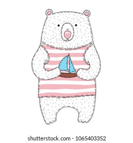 Cute white sailor bear in striped sailor suit with ship toy in paws. Cartoon funny wild anymal