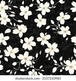 Lindo patrón de acuarela transparente floral sakura blanco sobre fondo negro. Ilustración vectorial de flores. Impresión de acuarela en estilo rústico vintage, textil o Fondos de pantalla.