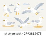 Cute white seagull vector set in flat style. Coastal summer illustration with birds, sand, clouds and sea elements. Perfect for kids design, print, poster, sticker, packaging and beach theme.