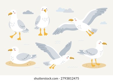Cute white seagull vector set in flat style. Coastal summer illustration with birds, sand, clouds and sea elements. Perfect for kids design, print, poster, sticker, packaging and beach theme.