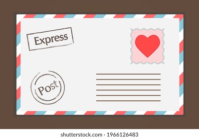 Cute white sealed envelope with heart stamp and express lettering on brown background. Concept of basic and convenient envelopes for business and personal letters. Flat cartoon vector illustration