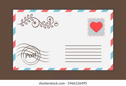Cute white sealed envelope with heart stamp and drawing on brown background. Concept of basic and convenient envelopes for business and personal letters. Flat cartoon vector illustration