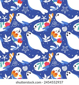 Cute white seals with an abstract floral pattern. Pattern of a starry background with seals and seashells. Adorable pattern with sea lions. Pattern for printed products, gifts