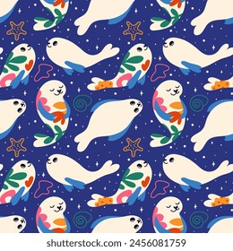 Cute white seals with an abstract floral pattern. Pattern of a starry background with seals and seashells. Adorable pattern with sea lions. Pattern for printed products, gifts