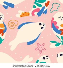 Cute white seals with an abstract floral pattern. Pattern of a starry background with seals and seashells. Adorable pattern with sea lions. Pattern for printed products, gifts