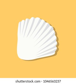 Cute white seashell isolated on yellow background, marine animal with curved body, abstract waving form, colorful vector illustration, pretty scallop