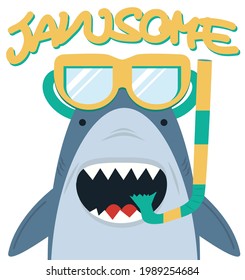 Cute White Shark  with diving equipment Jawsome cartoon