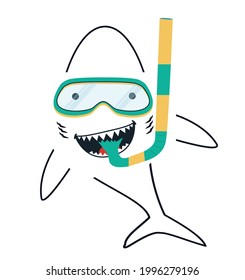 Cute White Shark  with diving equipment outline cartoon