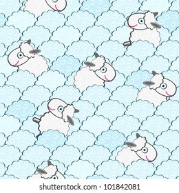 Cute White Sheep among Clouds Seamless Pattern. Vector Background