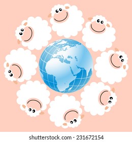 Cute white sheep around Earth