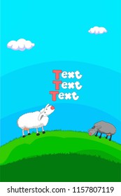 

Cute white sheep, black sheep looking at the sky together on green grass. Cartoon sheep overlooking the text on grassland. Vertical, drawing,  2d vector illustration