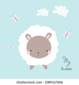 Cute white sheep with butterfly. Kids graphic. Vector hand drawn illustration.