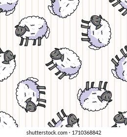 Cute white sheep cartoon seamless vector pattern. Hand drawn agriculture livestock. Farm animal all over print on check background. Wooly ewe backdrop. 