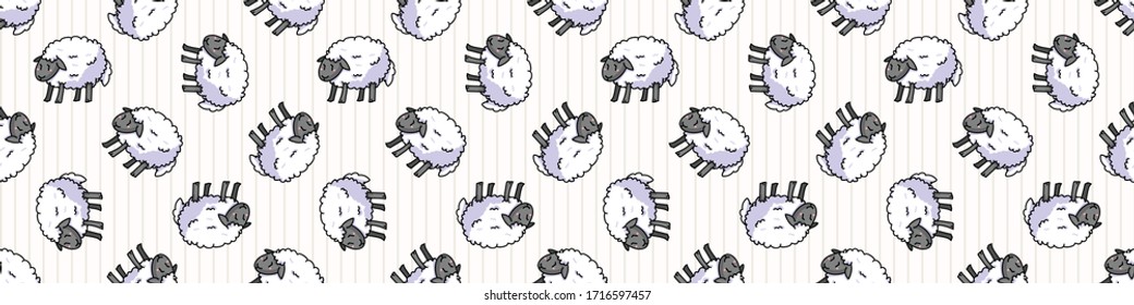 Cute white sheep cartoon seamless vector border. Hand drawn agriculture livestock. Farm animal all over print on check background. Wooly ewe backdrop. 