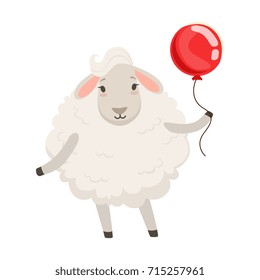 Cute white sheep character standing with red balloon, funny humanized animal vector Illustration