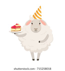 Cute white sheep character wearing party hat holding a plate with piece of cake, funny humanized animal vector Illustration