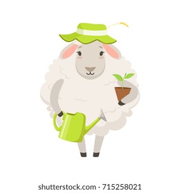 Cute white sheep character wearing green hat holding green watering can and flower pot, funny humanized animal vector Illustration