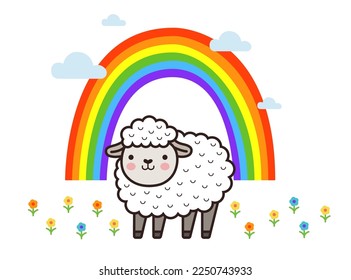 cute white sheep in a clearing with a rainbow in the background. 