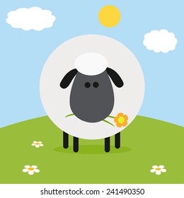 Cute White Sheep With Flower On A Hill.Modern Flat Design Vector Illustration