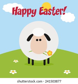 Cute White Sheep With Flower On A Hill Modern Flat Design Easter Card.Vector Illustration With Text