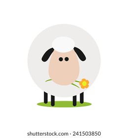 Cute White Sheep With A Flower.Modern Flat Design Vector Illustration Isolated On White