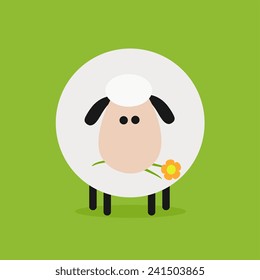 Cute White Sheep With A Flower.Modern Flat Design Vector Illustration
