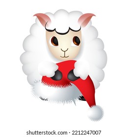 Cute white sheep holding a santa claus hat on christmas holidays