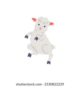 Cute white sheep or lamb dancing and smiling. Cartoon funny goat, ewe have fun on disco party. Music domestic animal entertainment. Vector flat happy mammal character illustration isolated on white