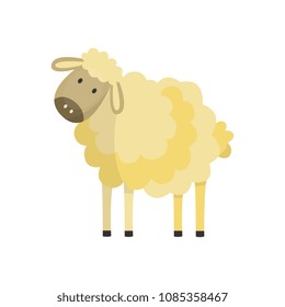 Cute white sheep, lamp with fluffy wool hand drawn smiling character icon. Farm animal, livestock used for meat and wool. Rural mammal. Vector flat isolated illustration