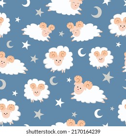Cute white sheep on blue background seamless patter, illustration vector doodle comic art