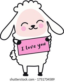Corta oveja blanca con mejillas rosadas, en un fondo blanco, sosteniendo la inscripción "Te amo", imagen vectorial