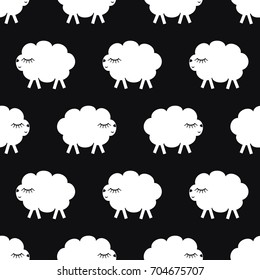Cute white sheep seamless pattern on black background. Vector baby sheep illustration for kids. Child drawing style sheep. Kids simple design for fabric, textile, wallpaper and decor.