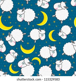 Cute White Sheep and Yellow Moon Seamless Pattern on Light Blue Background