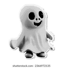 Cute White sheet ghost - Halloween halftone mixed media collage paper sticker. Dotted Vintage illustration in 90s zine Paper piece style.