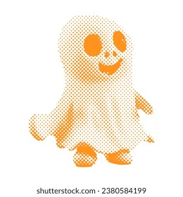 Cute White sheet ghost - Halloween halftone dotted realistic clipart. Offset texture Vintage illustration in 90s grunge style