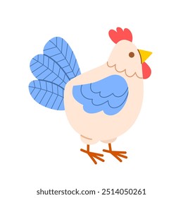 Cute white sketchy chicken with blue tail and wings in children's simple style. Vector illustration in flat style on white isolated background for design of children's teaching and game aids.