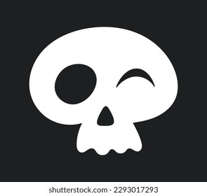 Cute white skull icon. Wink head from skeleton. Dia De Los Muertos and Hallooween. Emblem, logo and badge. Sticker for social networks and messengers. Cartoon flat vector illustration