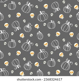 Cute white skull and pumpkins seamless pattern